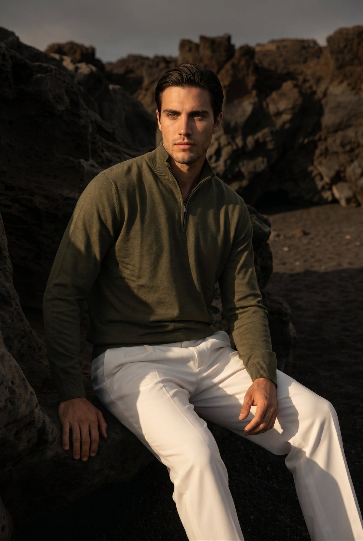 Merino trui met kwartrits olijfgroen