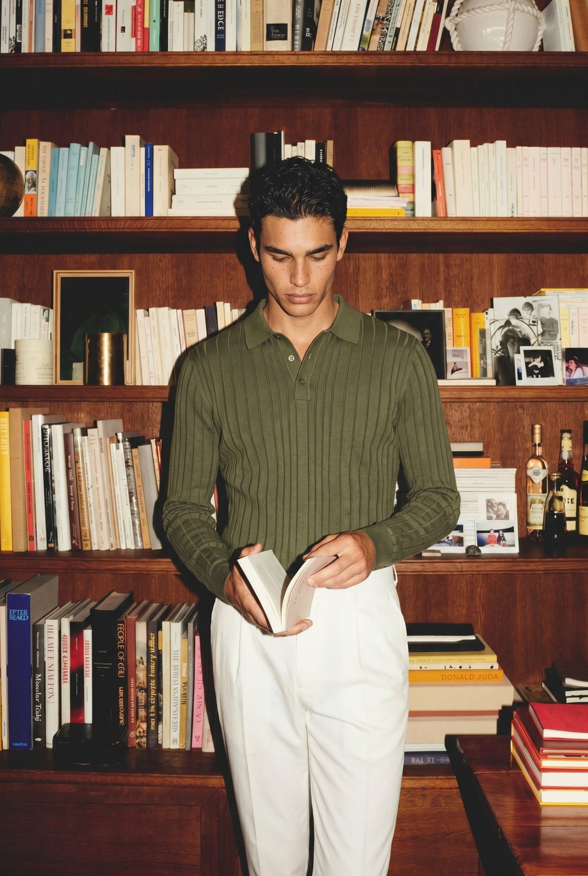 Extrafine Langarm-Poloshirt Olivgrün