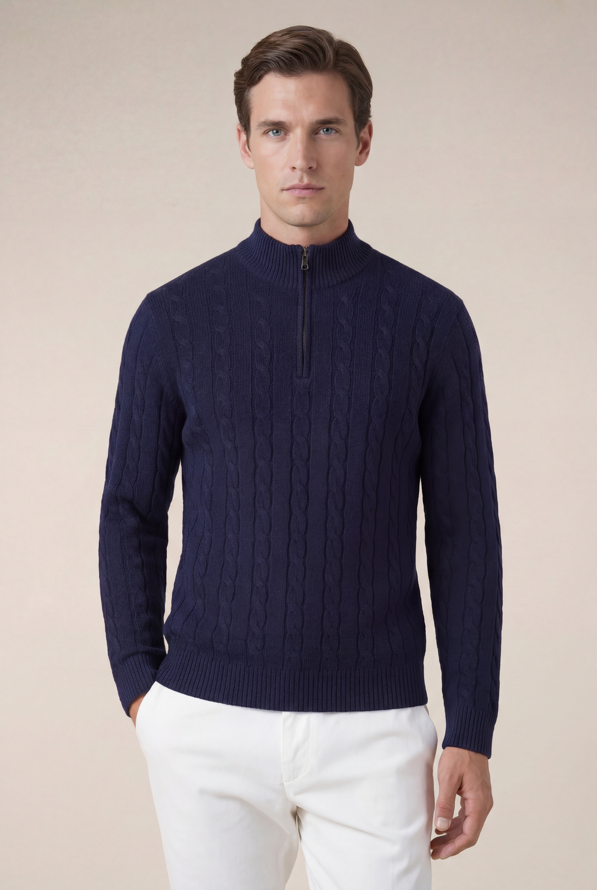 Como-Kaschmirpullover mit Viertelreißverschluss Marineblau
