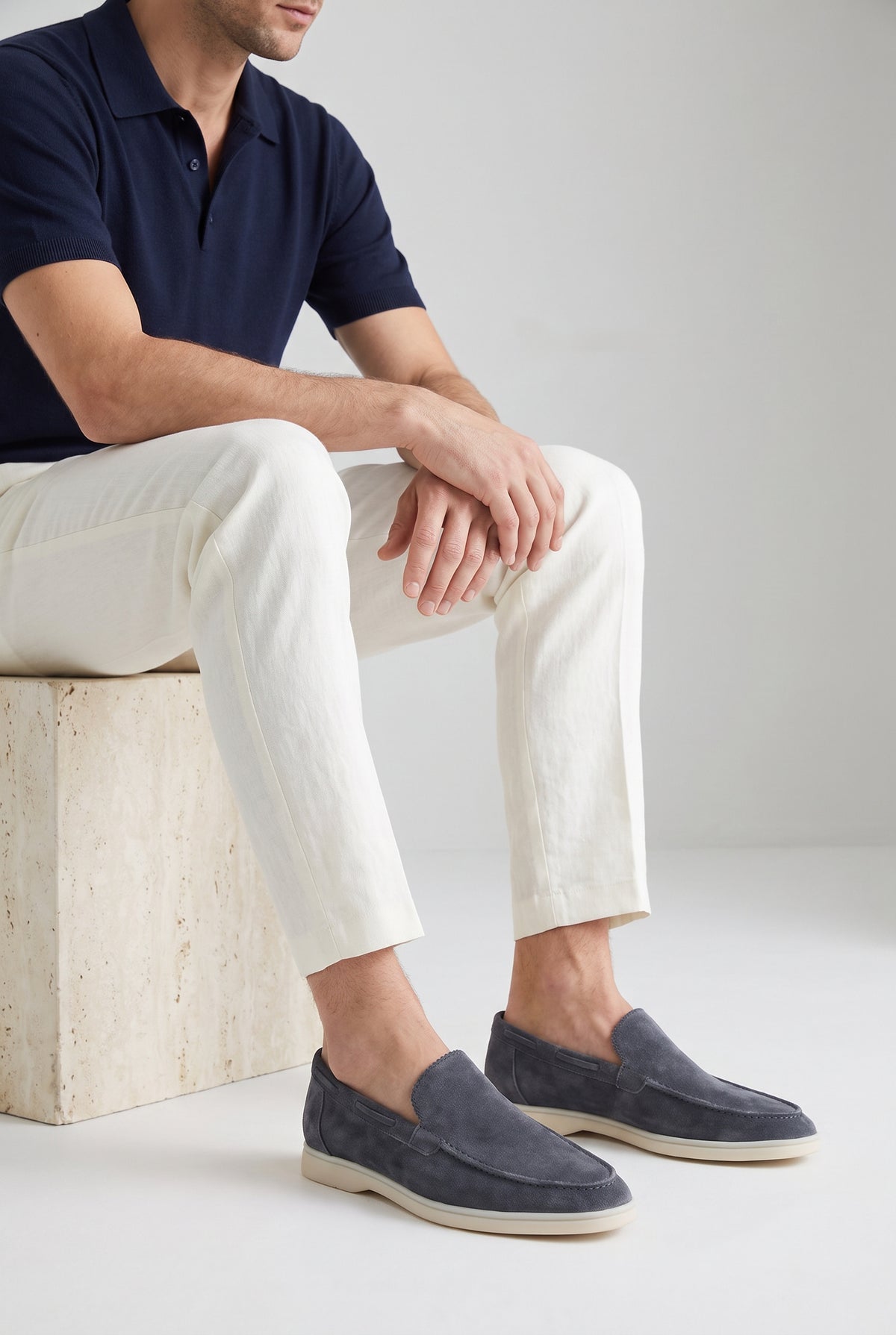 Steel Blue Yacht Loafer - worn, seated