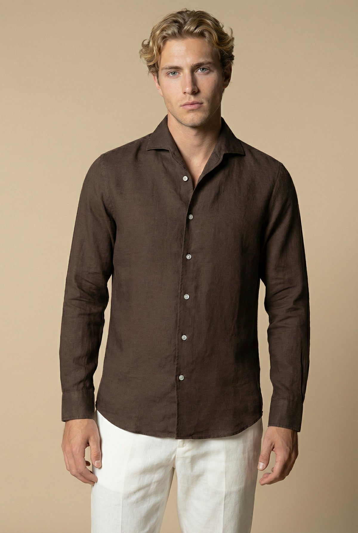 Chemise en lin à manches longues Amalfi marron foncé