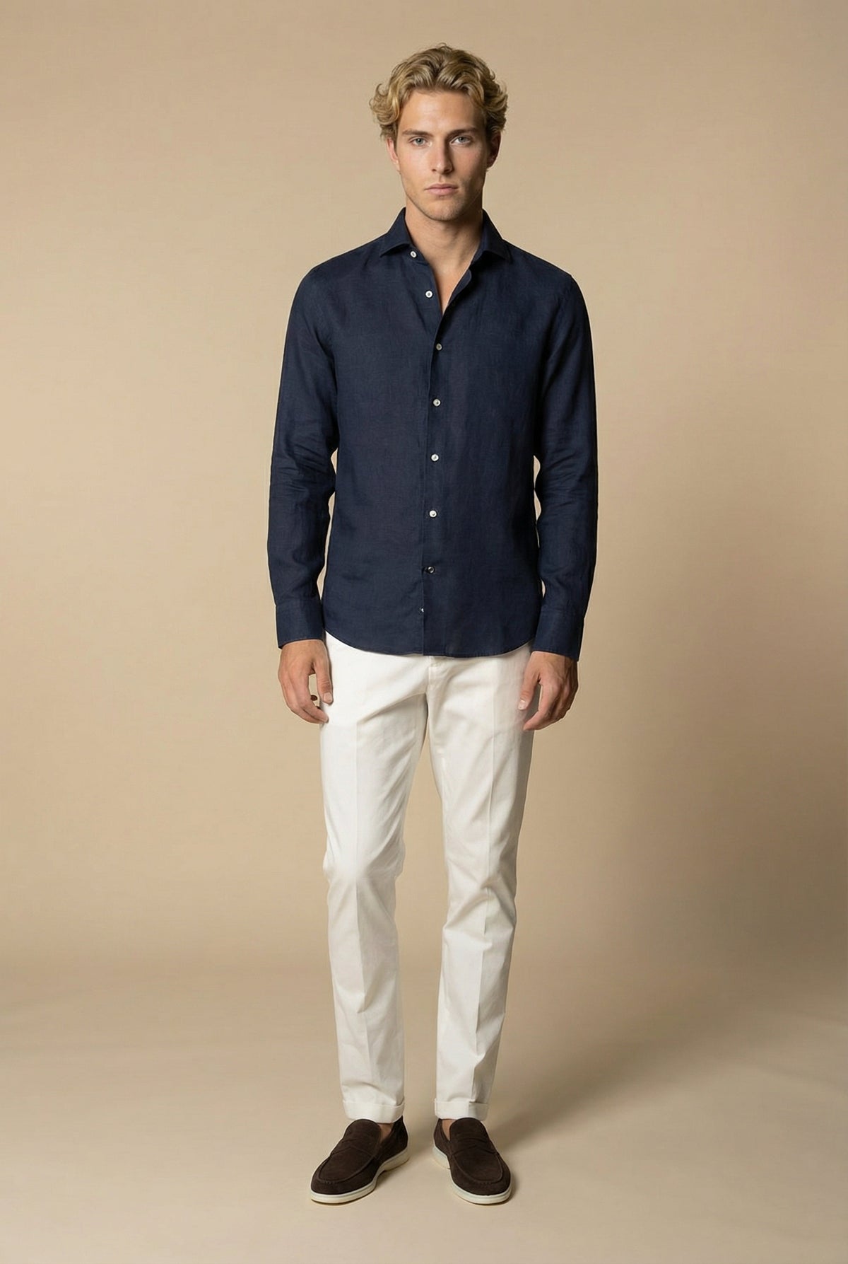 Chemise en lin à manches longues Amalfi bleu marine