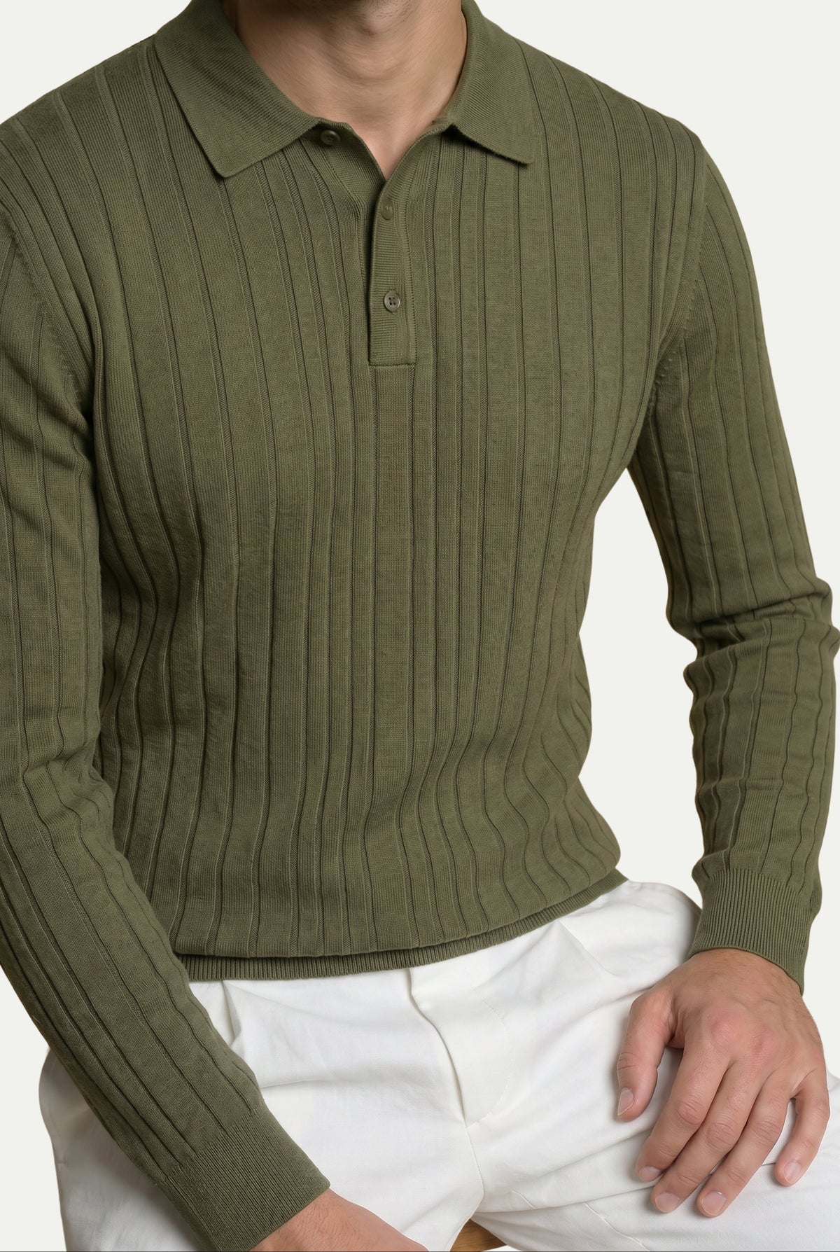 Extrafine Langarm-Poloshirt Olivgrün
