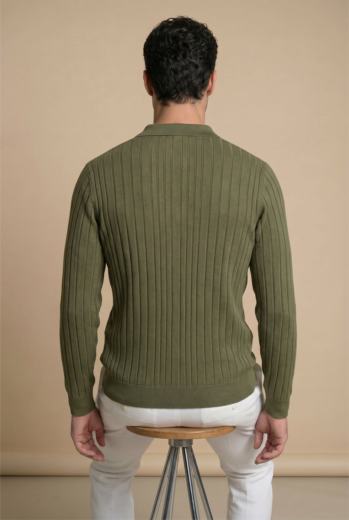 Extrafine Langarm-Poloshirt Olivgrün