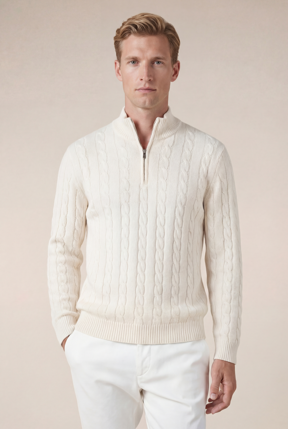 Como-Kaschmirpullover mit Viertelreißverschluss Beige