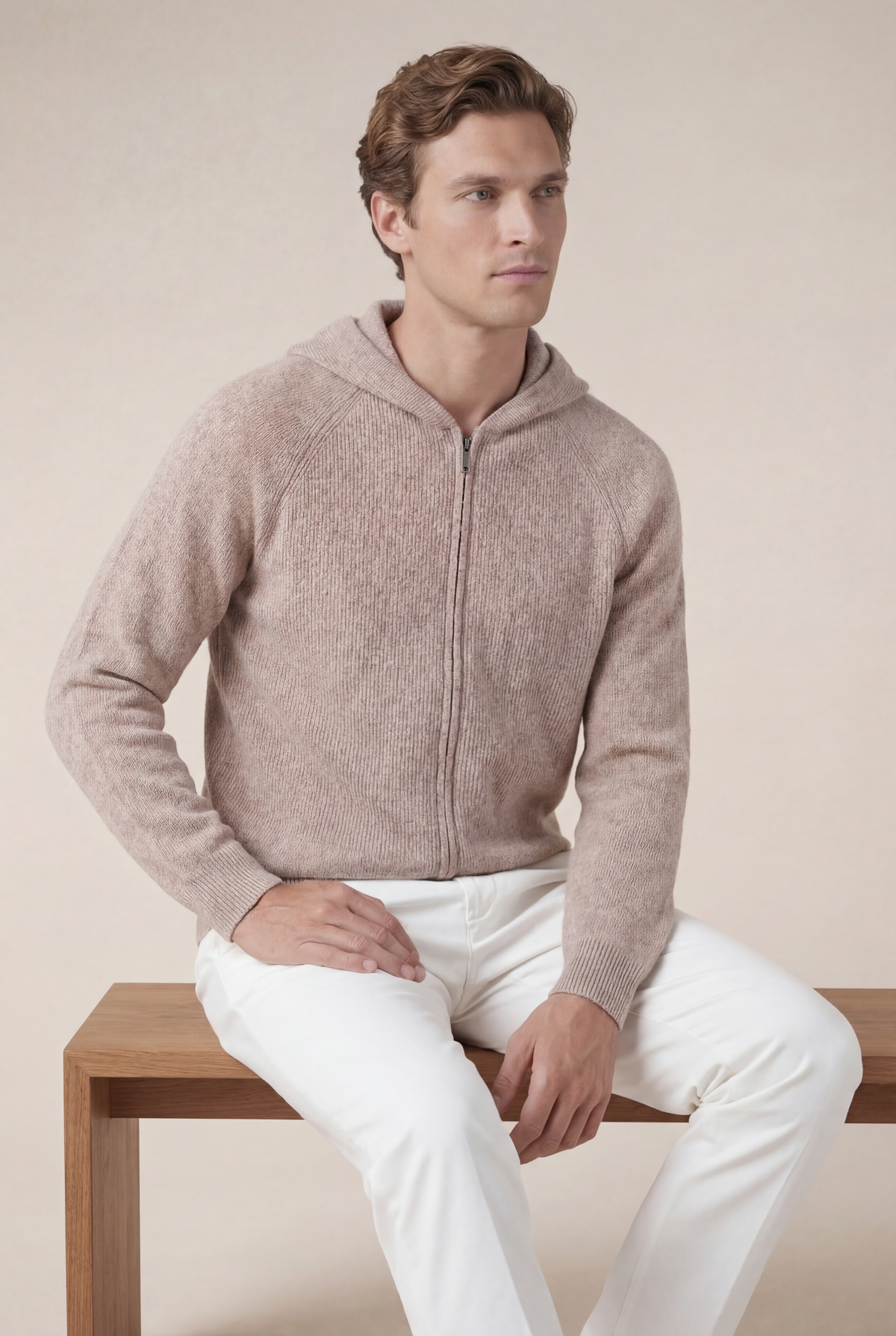 Cortina-Kaschmir-Kapuzenpullover mit Reißverschluss Braun
