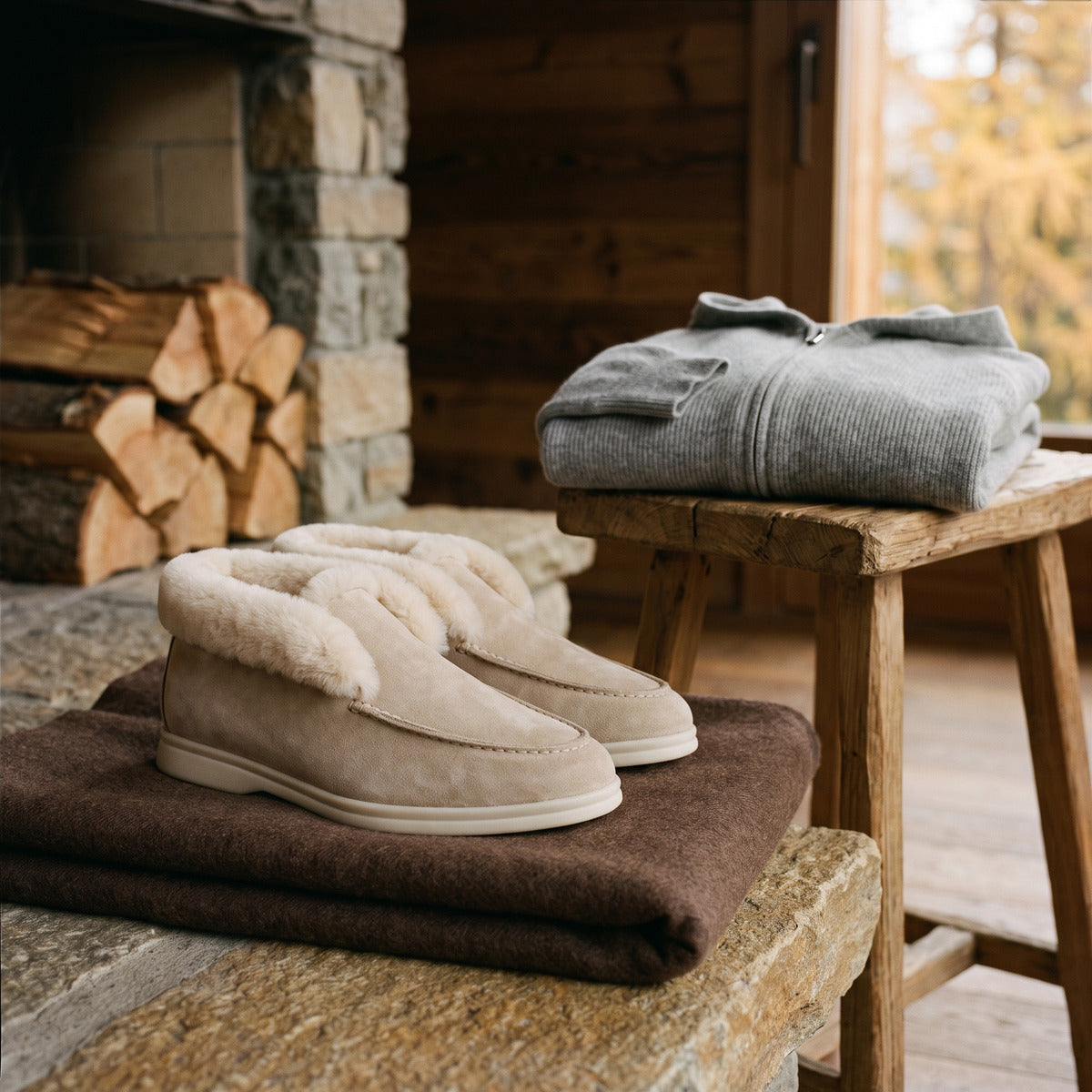 Pale stone shearling-cuffed loafers beside a folded grey cashmere zip hoodie on a wooden stool